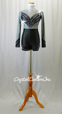 Black/Grey/White Patterned Long Sleeve Biketard - Swarovski Rhinestones