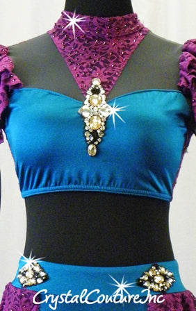Teal Blue & Purple Lace 2 Pc Top and Booty Shorts - Rhinestones