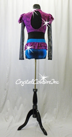 Teal Blue & Purple Lace 2 Pc Top and Booty Shorts - Rhinestones