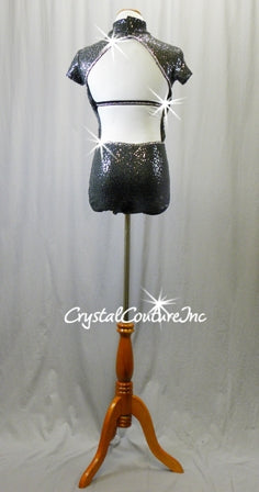 Gray/Graphite Sequin Leotard with Black Top and trunks - Swarovski Rhinestones