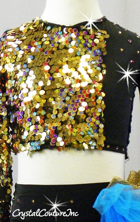 Black Top & Booty Shorts with Gold Metallic Sequins & Blue Bustle - Swarovski Rhinestones