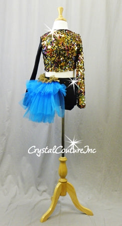 Black Top & Booty Shorts with Gold Metallic Sequins & Blue Bustle - Swarovski Rhinestones
