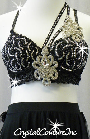 Black Lace Bra Top and Lycra/Net Skirt with Rhinestone Appliques - Swarovski Rhinestones
