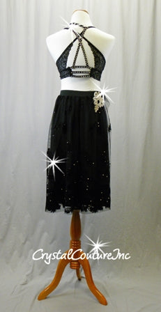 Black Lace Bra Top and Lycra/Net Skirt with Rhinestone Appliques - Swarovski Rhinestones