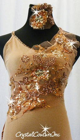 Brown Leotard with Embroidered Floral Applique and Long Back Skirt - Rhinestones