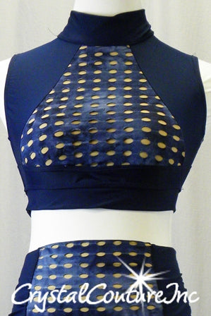 Blue/Nude Textured Crop Top with Open Back and Matching Booty Shorts