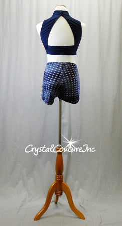 Blue/Nude Textured Crop Top with Open Back and Matching Booty Shorts