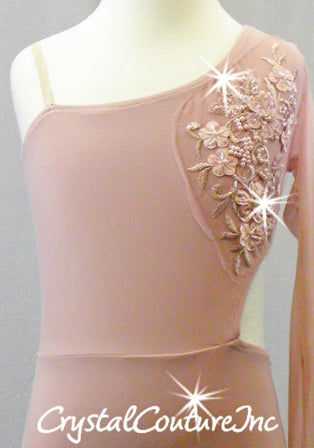 Vintage Pink Asymmetrical Leotard with Floral Applique - Swarovski Rhinestones