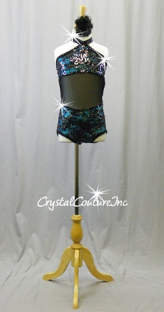 Black Lace/Sequin Leotard with Turquoise Blue Top & Trunk- Swarovski Rhinestones
