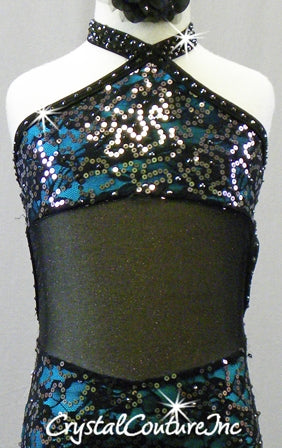 Black Lace/Sequin Leotard with Turquoise Blue Top & Trunk- Swarovski Rhinestones