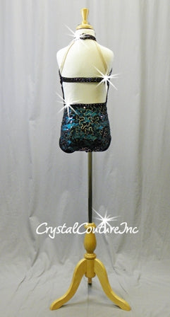 Black Lace/Sequin Leotard with Turquoise Blue Top & Trunk- Swarovski Rhinestones