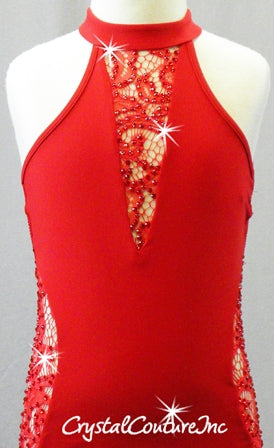 Red Leotard with Lace Cut-Outs and Open Back - Swarovski Rhinestones