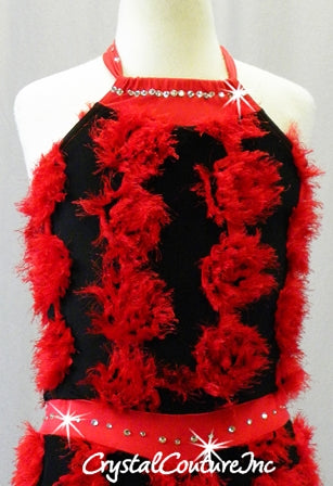 Red/Black Textured Biketard with Halter Neck - Swarovski Rhinestones