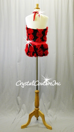 Red/Black Textured Biketard with Halter Neck - Swarovski Rhinestones