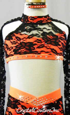 Orange Top & Booty Shorts with Black Floral Lace - Swarovski Rhinestones