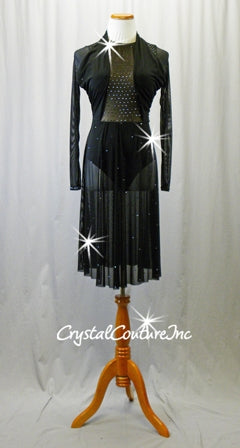 Black Long Sleeve Sheer Mesh Dress/Leotard - Swarovski Rhinestones