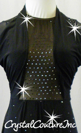 Black Long Sleeve Sheer Mesh Dress/Leotard - Swarovski Rhinestones