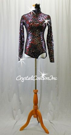 Black Floral Lace & Red Long Sleeve Leotard - Sequins & Swarovski Rhinestones