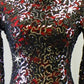 Black Floral Lace & Red Long Sleeve Leotard - Sequins & Swarovski Rhinestones