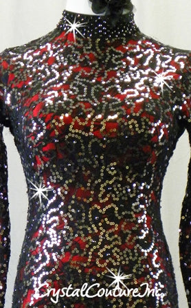Black Floral Lace & Red Long Sleeve Leotard - Sequins & Swarovski Rhinestones