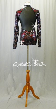 Black Floral Lace & Red Long Sleeve Leotard - Sequins & Swarovski Rhinestones