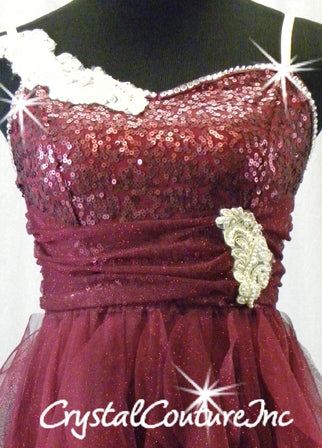 Burgundy Sequin/Mesh Leotard with High-low Sheer Mesh Skirt - Swarovski Rhinestones