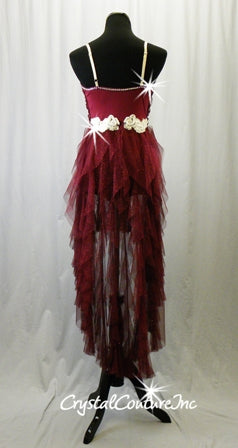 Burgundy Sequin/Mesh Leotard with High-low Sheer Mesh Skirt - Swarovski Rhinestones