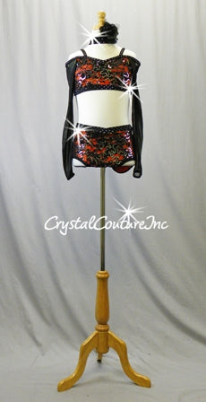 Black Lace and Orange Lycra Top & Trunks with Black Mesh Sleeves - Swarovski Rhinestones