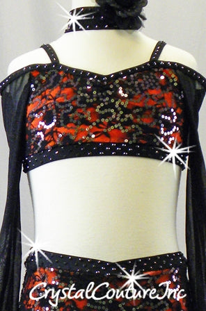 Black Lace and Orange Lycra Top & Trunks with Black Mesh Sleeves - Swarovski Rhinestones