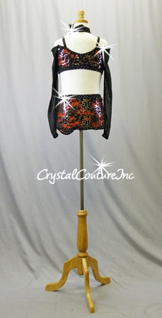 Black Lace and Orange Lycra Top & Trunks with Black Mesh Sleeves - Swarovski Rhinestones