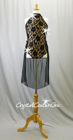 Black Floral lace & Nude Lycra Mock-Neck with Back Sheer Skirt - Swarovski Rhinestones