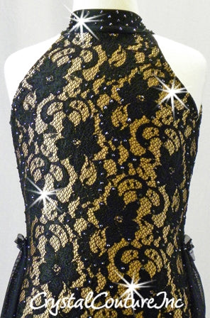 Black Floral lace & Nude Lycra Mock-Neck with Back Sheer Skirt - Swarovski Rhinestones