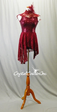 Burgundy Floral Lace/Ruby Lycra Bike-a-Tard/Asymmetrical Lace Skirt - Swarovski Rhinestones