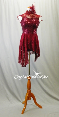 Burgundy Floral Lace Biketard with Asymmetrical Lace Skirt - Swarovski Rhinestones