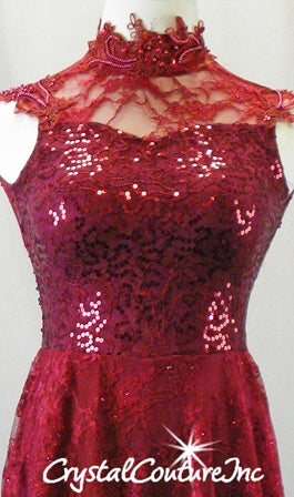 Burgundy Floral Lace Biketard with Asymmetrical Lace Skirt - Swarovski Rhinestones
