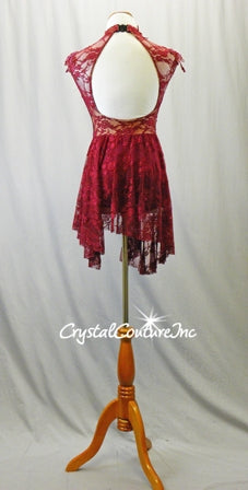 Burgundy Floral Lace Biketard with Asymmetrical Lace Skirt - Swarovski Rhinestones