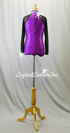 Purple Sequined Leotard with Black Sparkly Mesh Sleeves - Swarovski Rhinestones