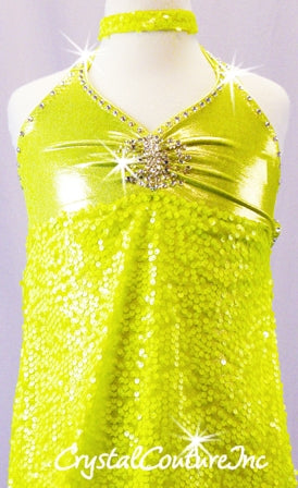 Neon Yellow Green Shimmery Leotard with Sequin Empire Waist Dress with Open Back - Swarovski Rhinestones