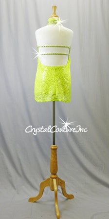Neon Yellow Green Shimmery Leotard with Sequin Empire Waist Dress with Open Back - Swarovski Rhinestones