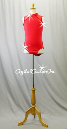 Red Lycra Leotard with Mesh Sheer Shoulders and Side Hips - Swarovski Rhinestones