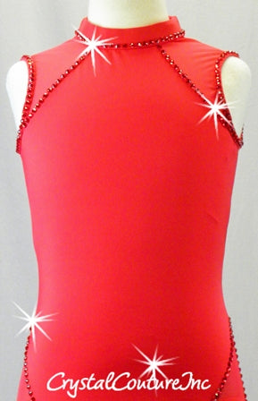 Red Lycra Leotard with Mesh Sheer Shoulders and Side Hips - Swarovski Rhinestones