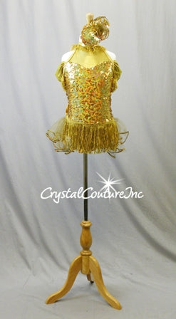 Gold Sequined Leotard with Off-Shoulder Sleeves and Back Skirt/Bow