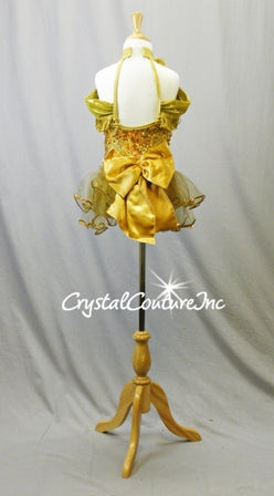 Gold Sequined Leotard with Off-Shoulder Sleeves and Back Skirt/Bow