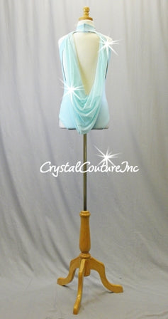Light Blue Leotard with Sheer Mesh Draping - Swarovski Rhinestones