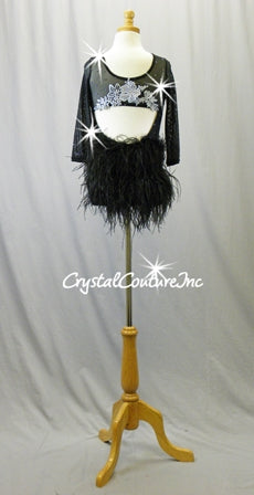Black 3/4 Sleeve Leotard with Feather Bustle Skirt - Swarovski Rhinestones