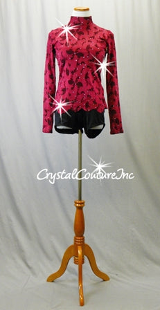 Ruby Red Textured & Black Long Sleeve Biketard - Swarovski Rhinestones