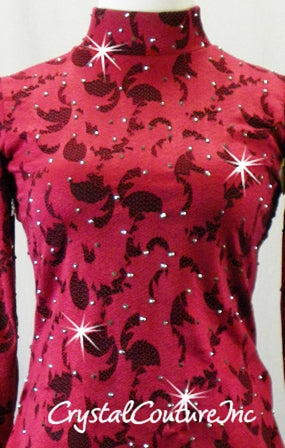 Ruby Red Textured & Black Long Sleeve Biketard - Swarovski Rhinestones