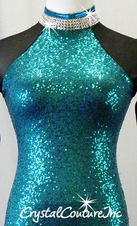 Teal Blue Sequined Leotard with Black Sparkly Mesh Sleeves - Swarovski Rhinestones