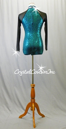 Teal Blue Sequined Leotard with Black Sparkly Mesh Sleeves - Swarovski Rhinestones