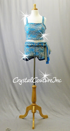 Custom Turquoise Blue with Grey Lace Crop Top and Booty Shorts - Swarovski Rhinestones